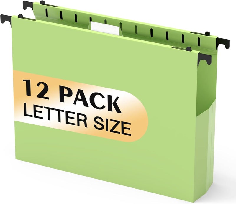 SHUTEX Extra Capacity Plastic Hanging File Folders,12 Pack Reinforced Hang Folder,Heavy Duty 2'' Expansion,Filing Cabinet Folders Letter Size with tabs for Bulk Files/Medical Charts(Mustard Green) - Image 1